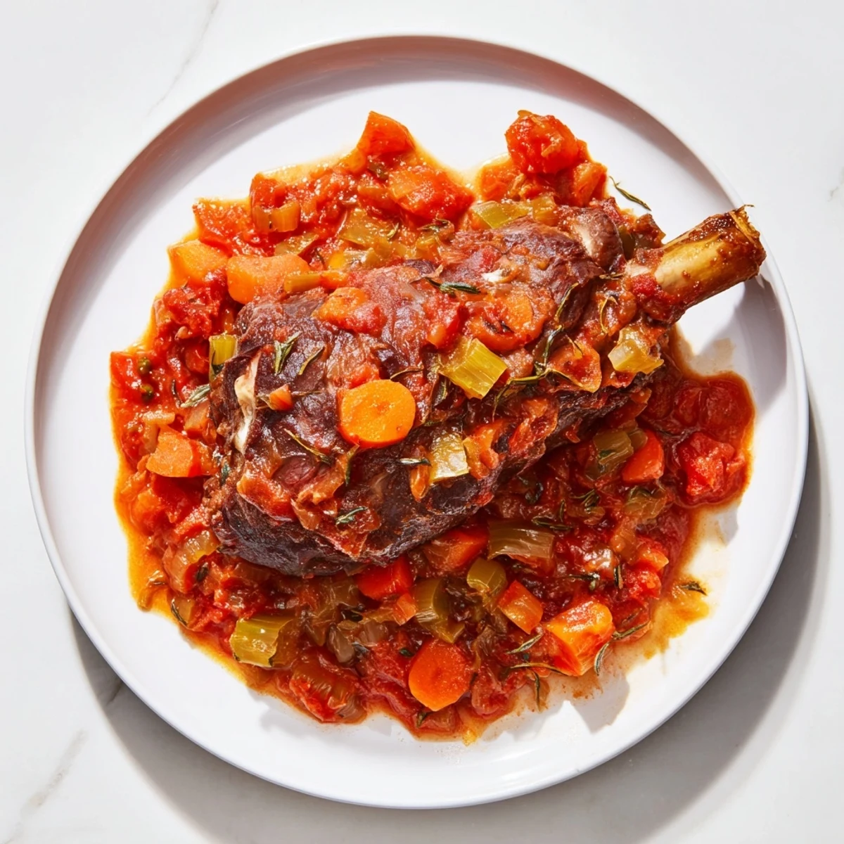 A close-up of steaming Slow Cooked Lamb Shanks in tomato sauce, the meat fork-tender over creamy polenta.