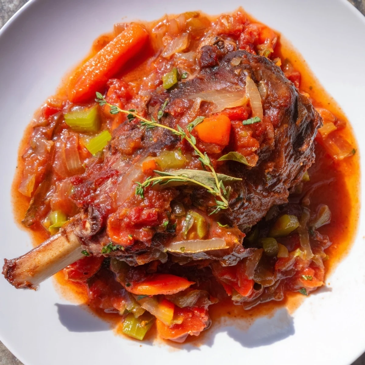 Enjoy a hearty, flavorful plate of Slow Cooked Lamb Shanks, swimming in a vibrant, delicious tomato sauce.