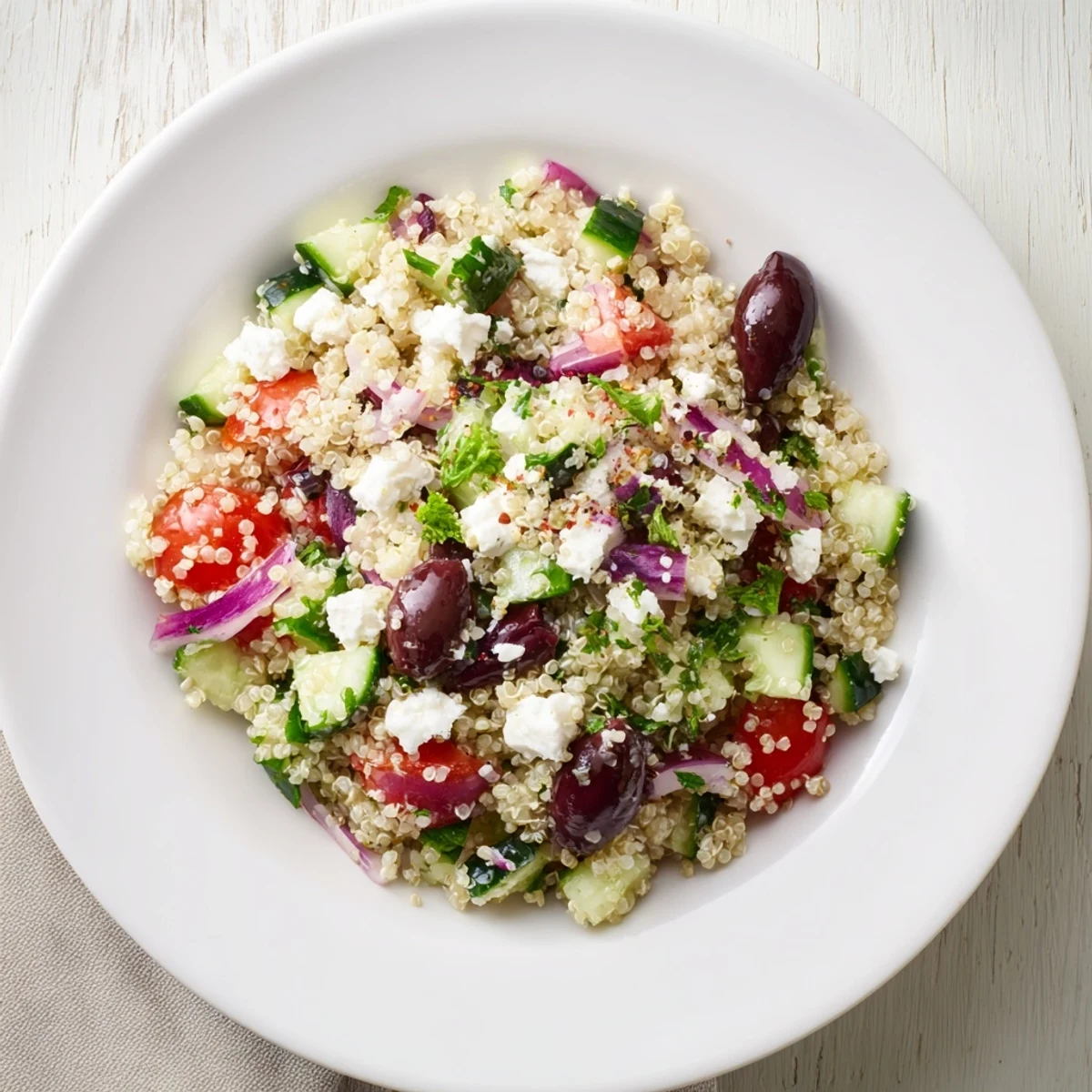 Flavorful Mediterranean Quinoa Salad offering tender quinoa and delicious bits of cucumber, ready to serve!