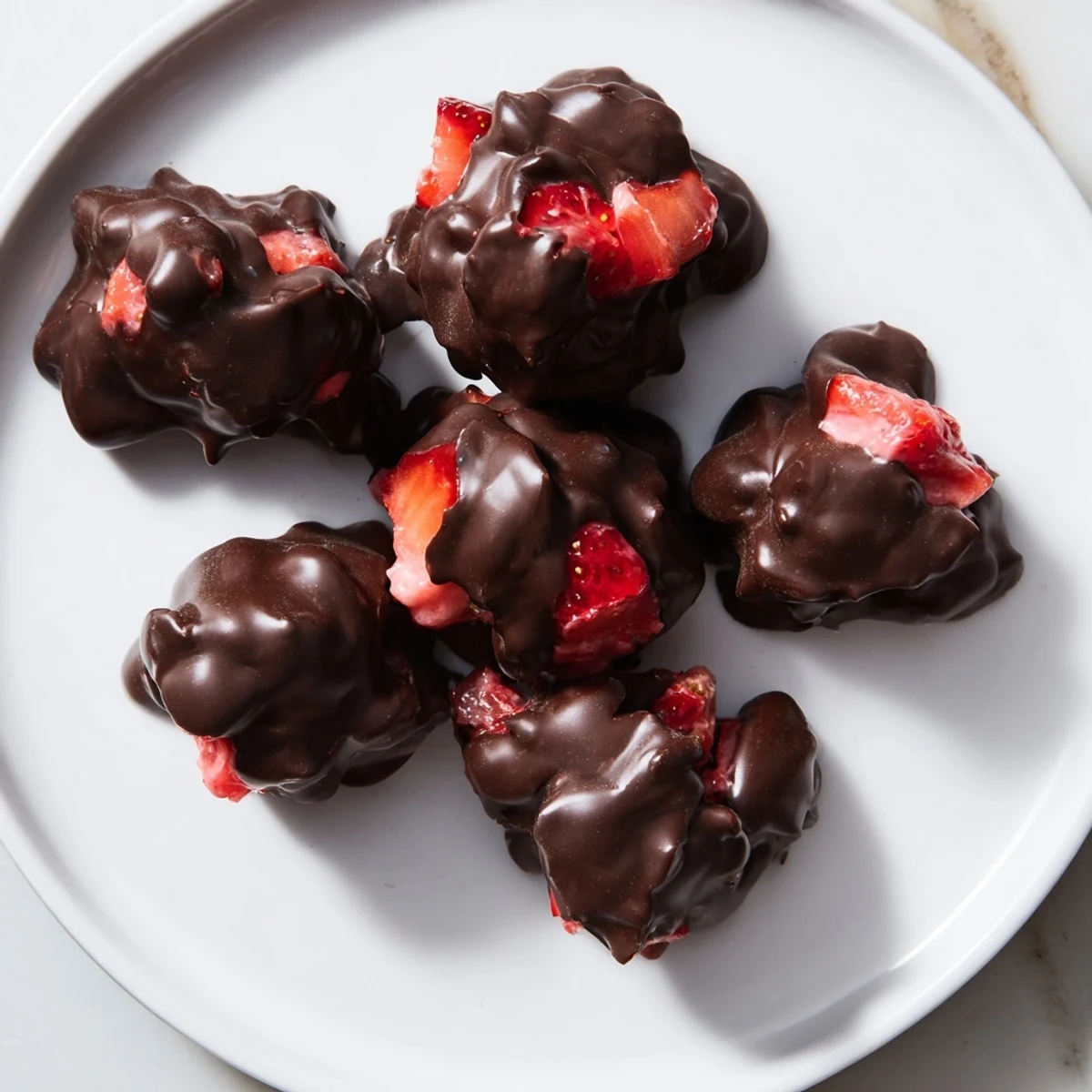 Chocolate Covered Strawberry Greek Yogurt Clusters, dipped in dark chocolate, a refreshing, frozen treat.