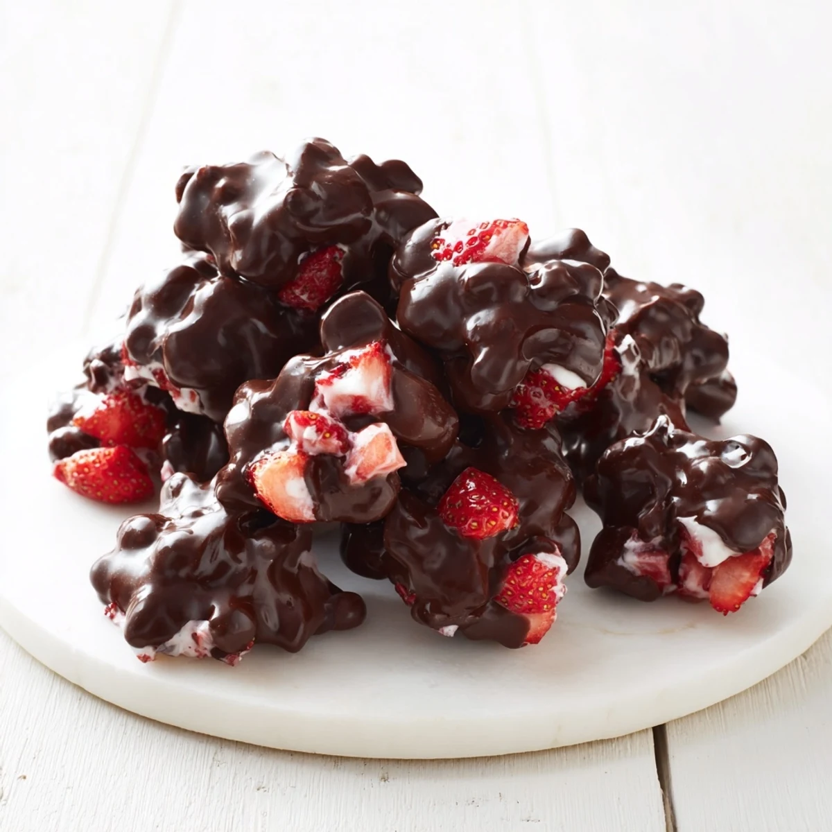 These Chocolate Covered Strawberry Greek Yogurt Clusters showcase a vibrant red strawberry and creamy yogurt swirl.
