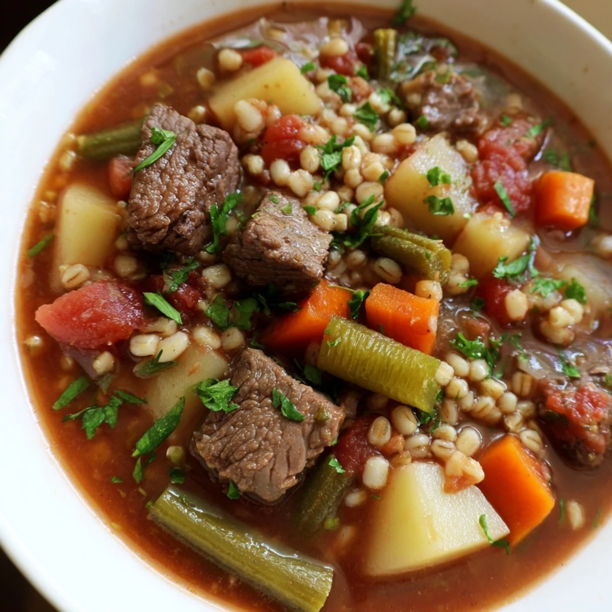 Warm, savory Hearty Beef and Barley Vegetable Stew, featuring tender beef and hearty vegetables in rich broth.