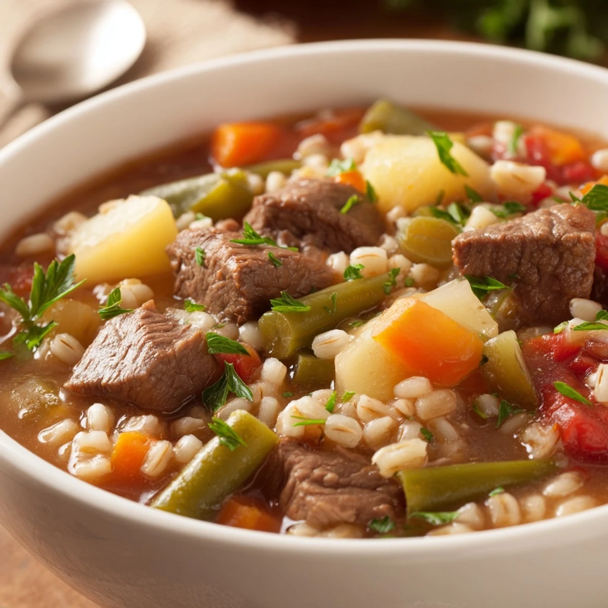 A close-up of a flavorful bowl of Hearty Beef and Barley Vegetable Stew, garnished with fresh parsley.