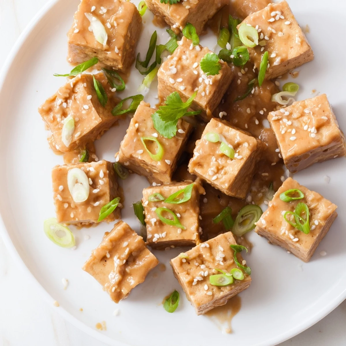Flavorful Crispy Baked Tofu with Peanut Sauce, served with fresh herbs; a delicious Asian-inspired dish.