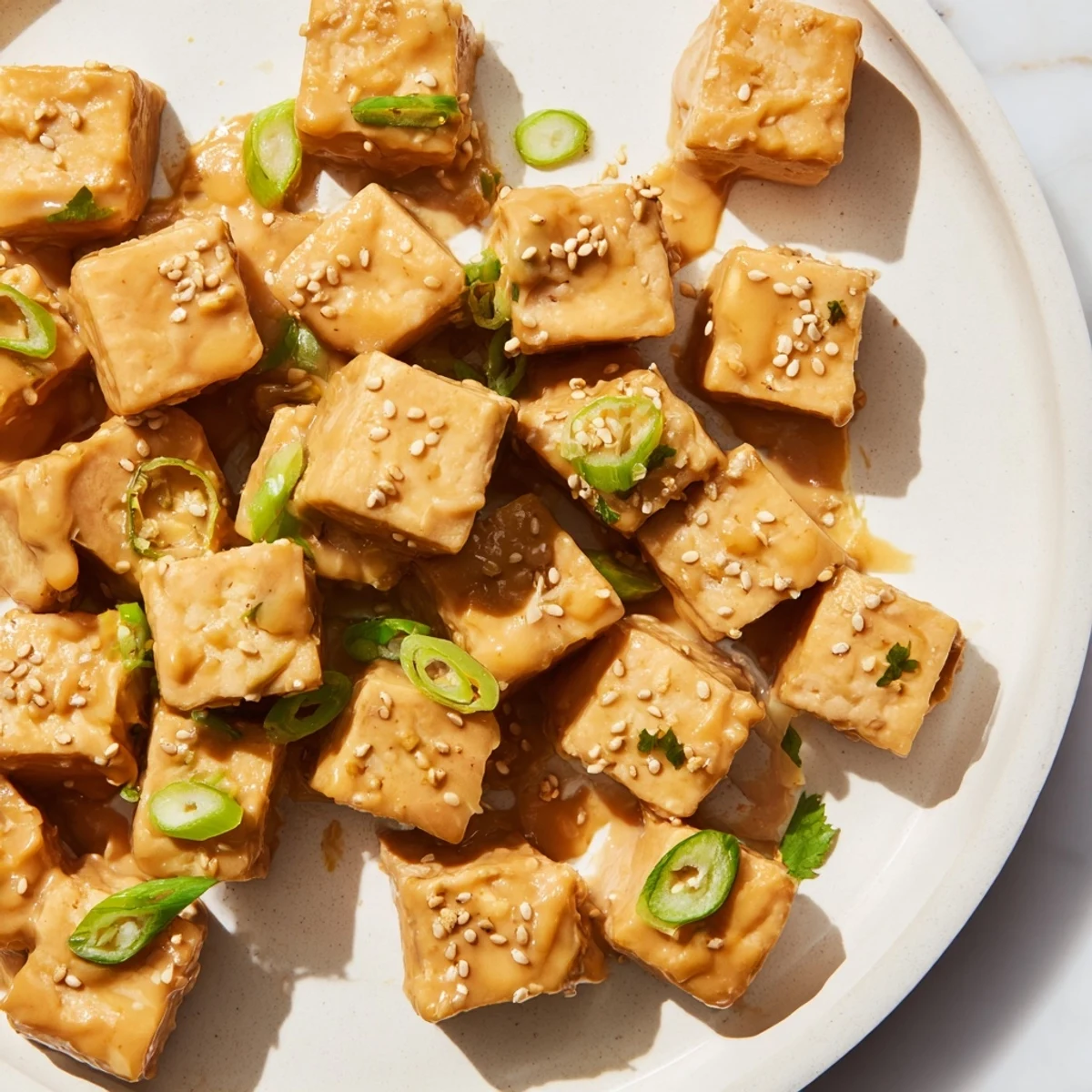 Golden-brown Crispy Baked Tofu with Peanut Sauce, drizzled, ready for a satisfying vegetarian meal.