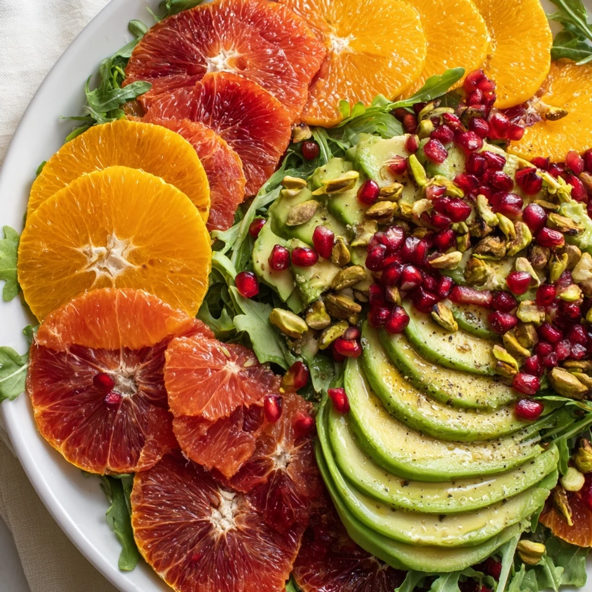 This vibrant salad features a Winter Citrus Salad with Pomegranate Vinaigrette drizzled with tangy dressing.