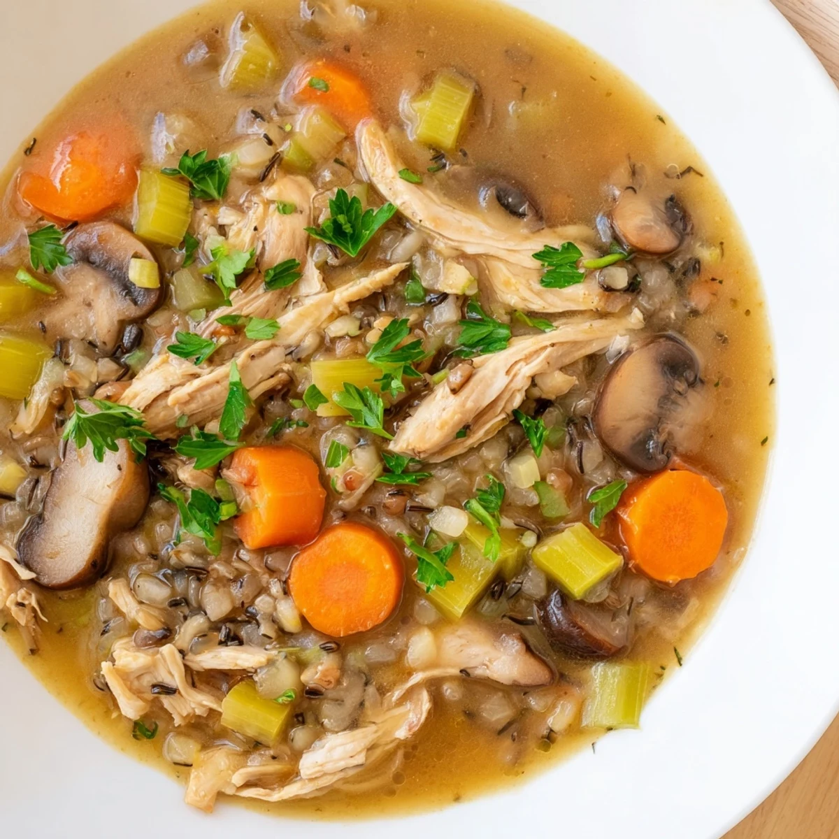 Steaming Instant Pot Chicken and Wild Rice Soup, topped with fresh parsley, looks incredibly comforting and warm.