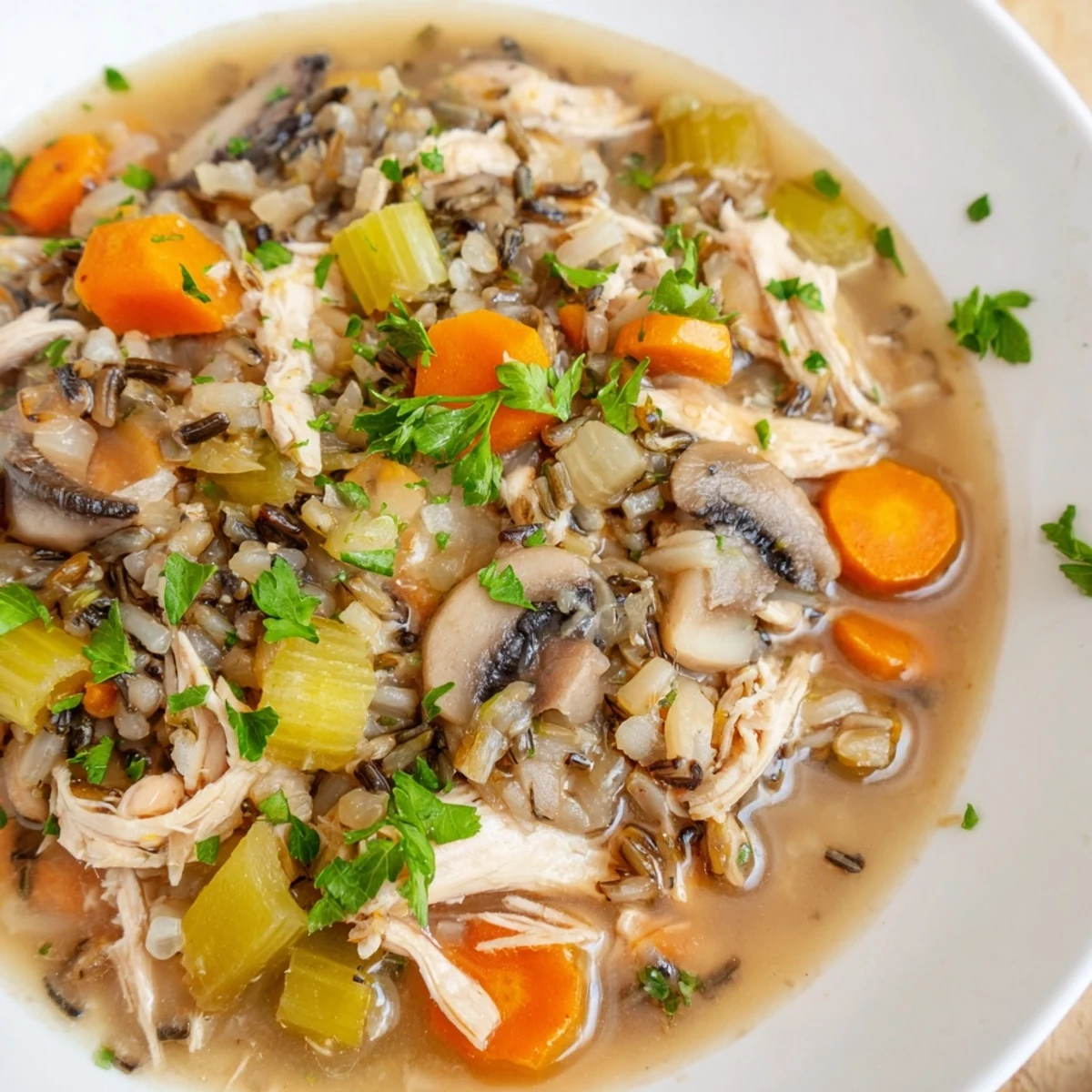 Close-up of the delicious, creamy Instant Pot Chicken and Wild Rice Soup with tender chicken and vegetables.