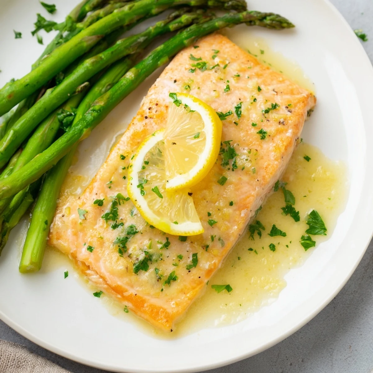 Golden, baked Lemon Garlic Butter Salmon with tender asparagus, ready for a delicious dinner.