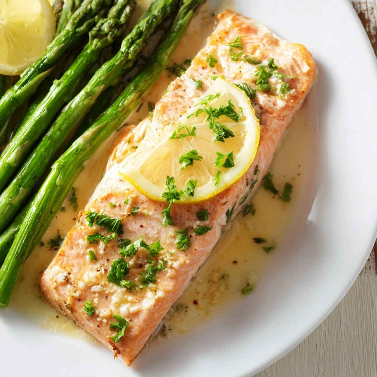 Bright, flavorful photo of Lemon Garlic Butter Salmon fillets, swimming in a lemon-garlic butter sauce.
