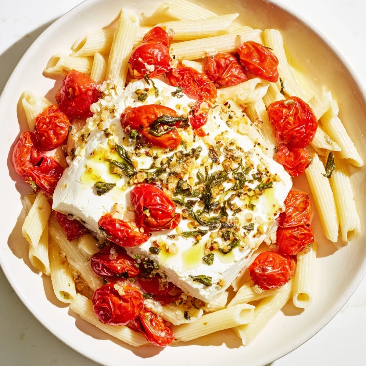 Golden-brown Baked Feta Pasta, a creamy delight with garlic-roasted cherry tomatoes and fresh basil.