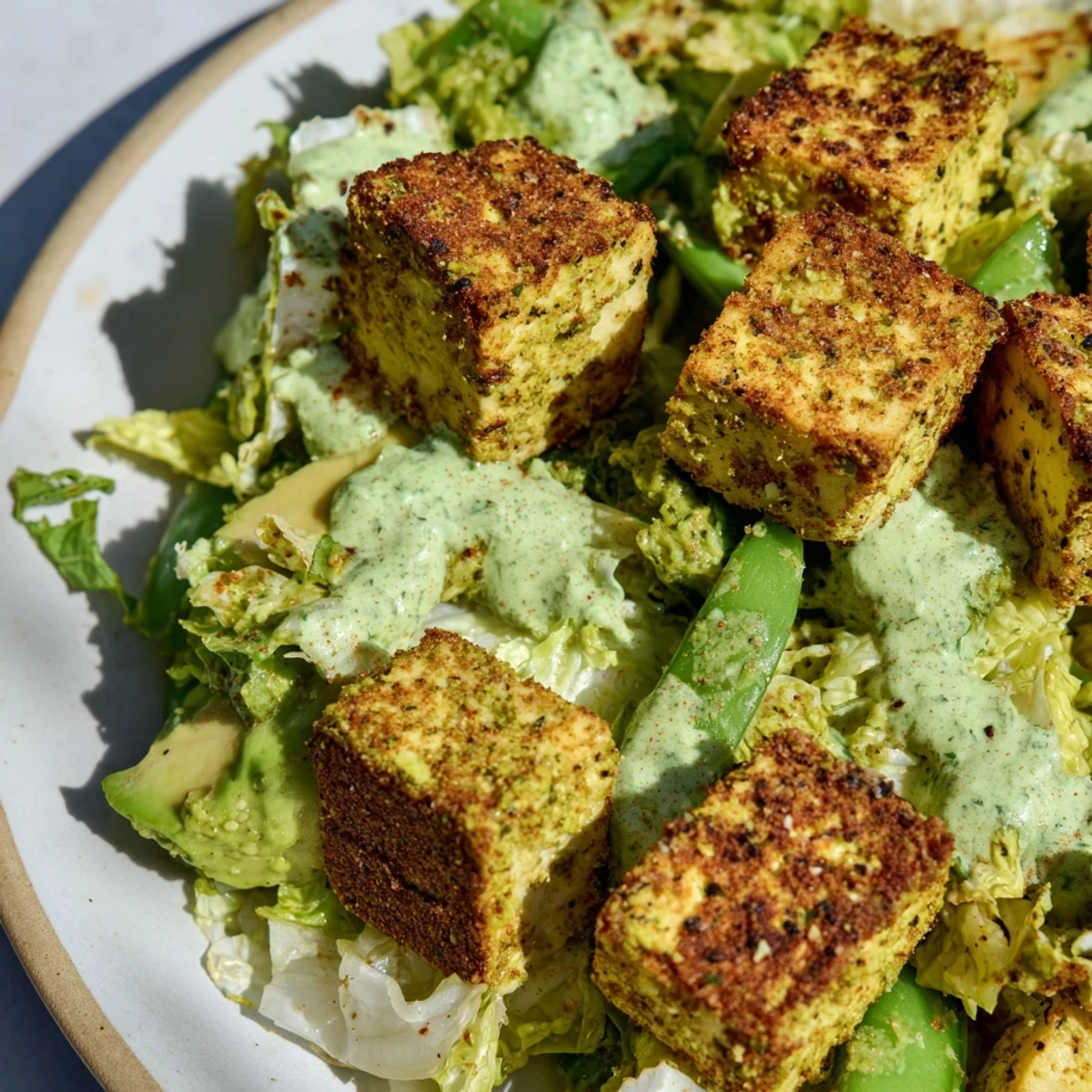 Freshly baked crispy tofu cubes sit atop a vibrant Green Goddess Salad, featuring chopped romaine and shredded cabbage.