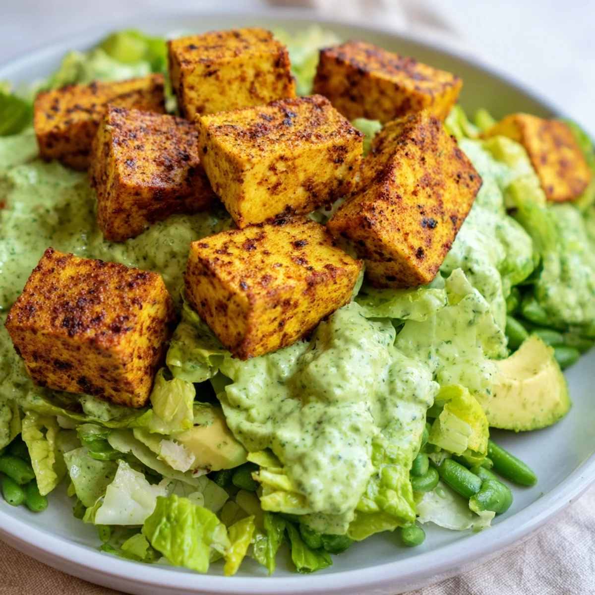 This colorful Green Goddess Salad showcases crisp cucumber, diced avocado, and sugar snap peas tossed in herbaceous dressing.