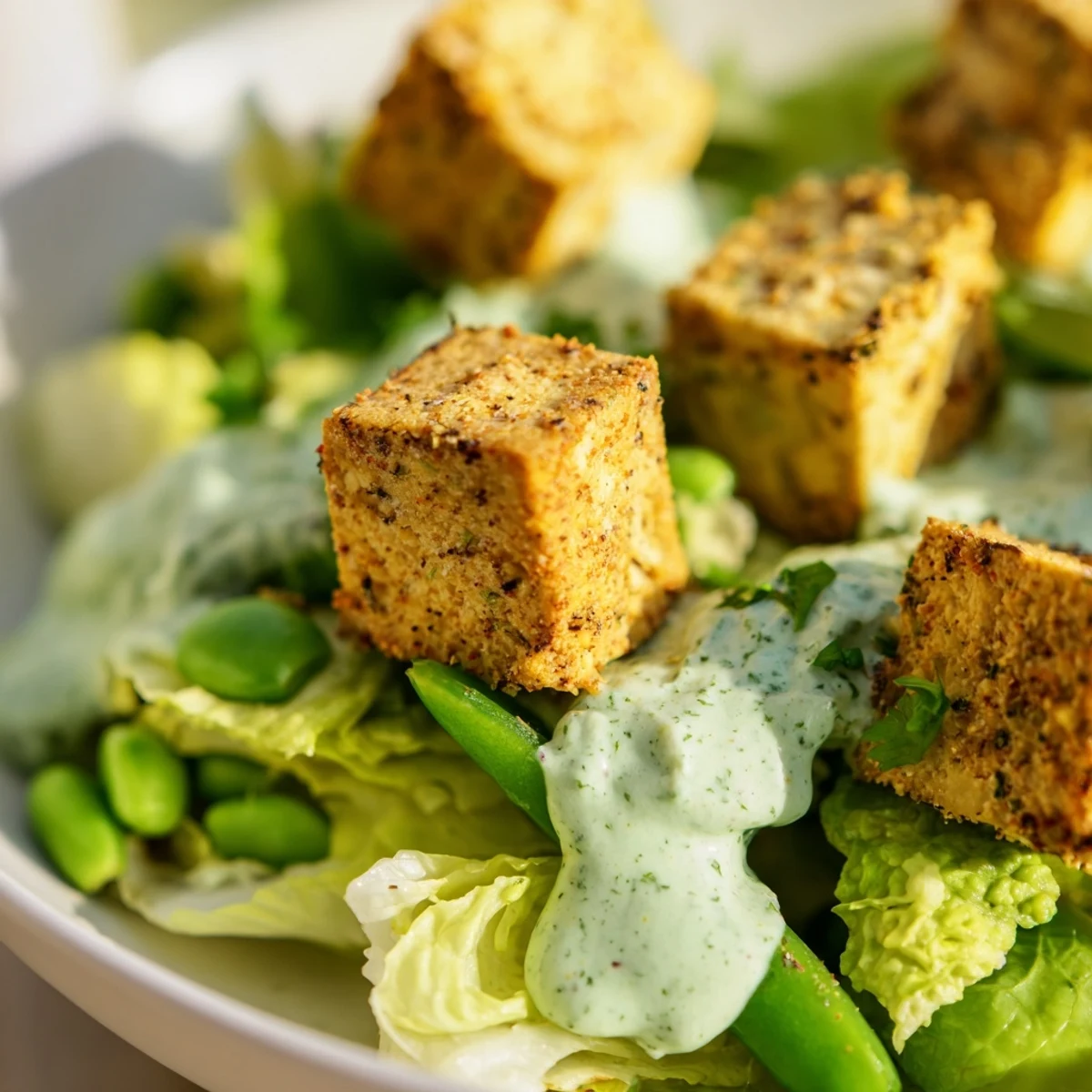Served in a white bowl, the Green Goddess Salad with Baked Tofu includes edamame and a creamy dressing drizzle.
