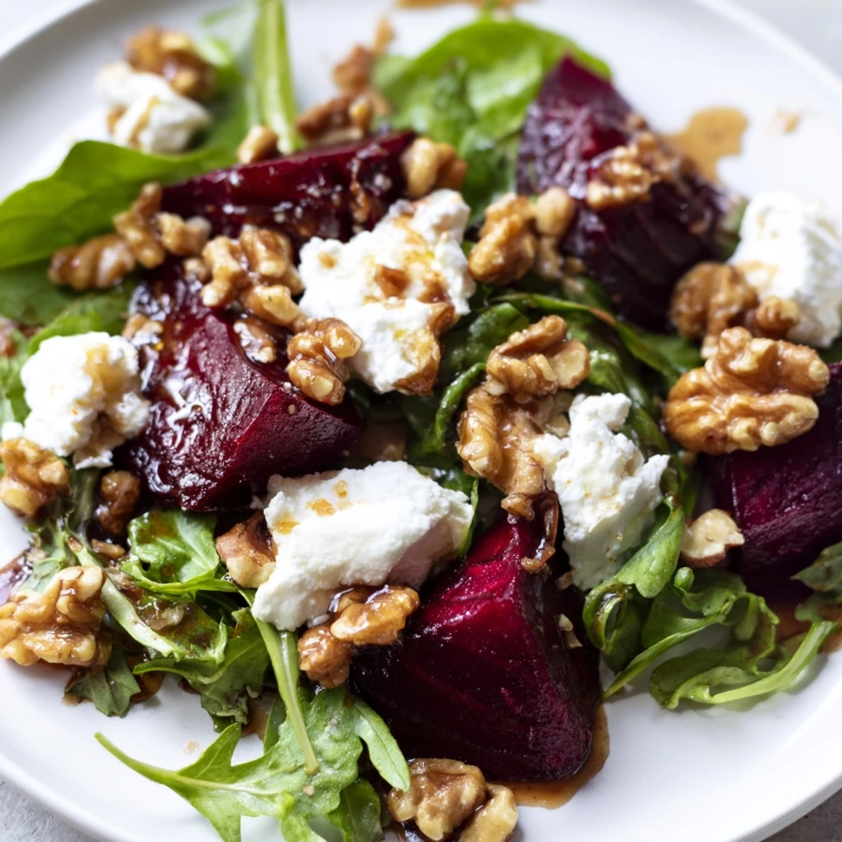 Freshly roasted red beet wedges topped with creamy crumbled goat cheese and toasted walnuts on a bed of mixed greens, drizzled with tangy balsamic vinaigrette.
