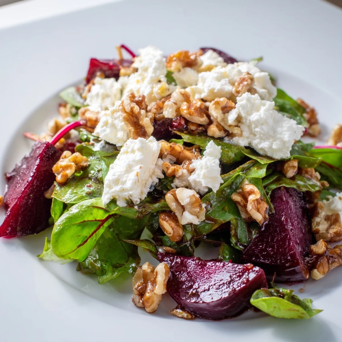 Colorful roasted beet and goat cheese salad garnished with chopped walnuts, served ready to eat on a rustic white platter for a healthy meal.