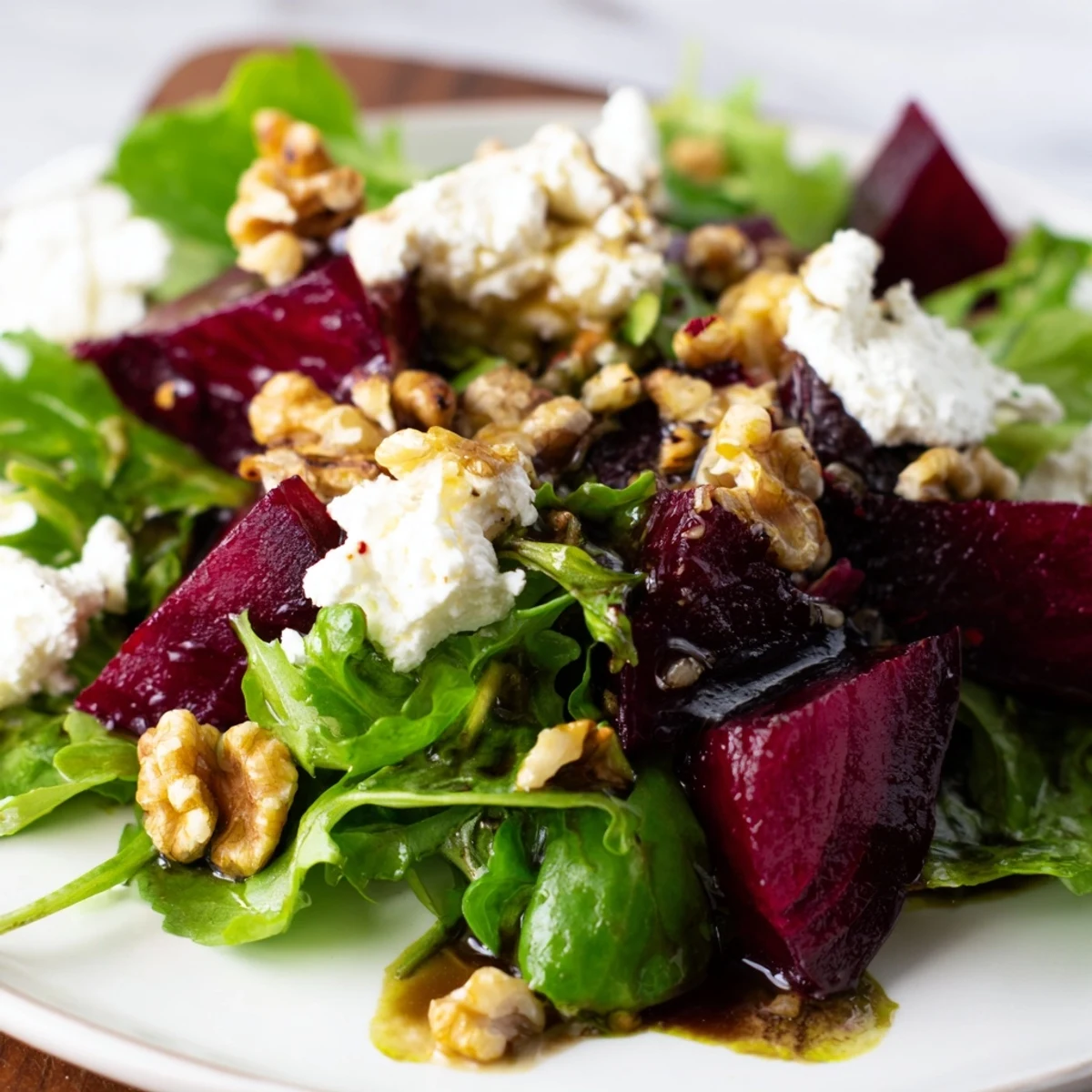 Tender roasted beets and goat cheese nestled in peppery arugula, sprinkled with crunchy walnuts and dressed in homemade honey Dijon vinaigrette.