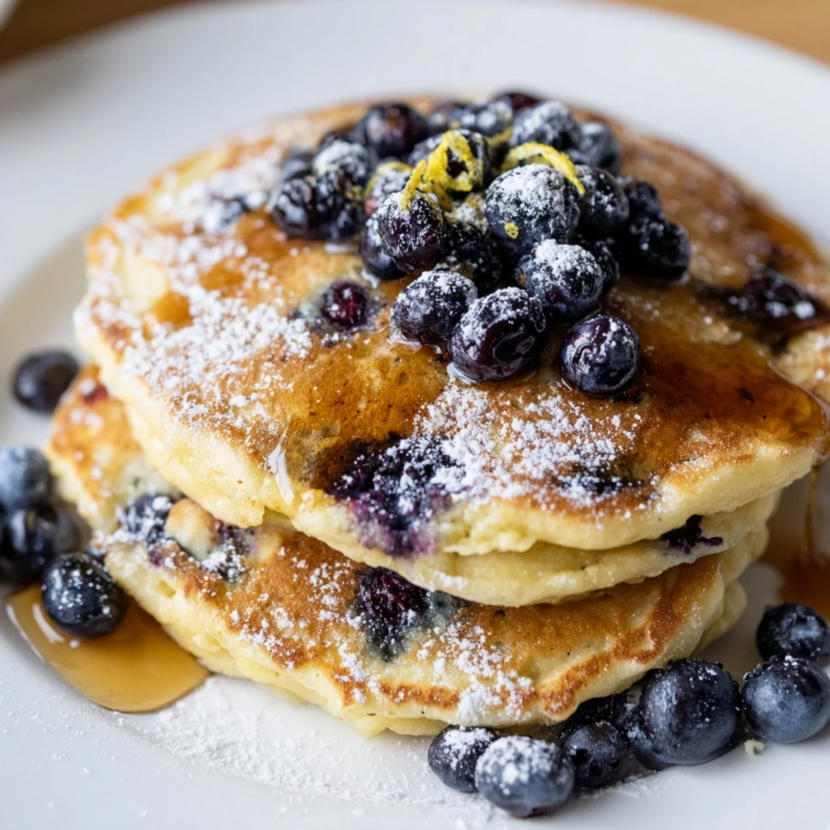 Stack of fluffy Lemon Blueberry Ricotta Pancakes drizzled with maple syrup and fresh blueberries.