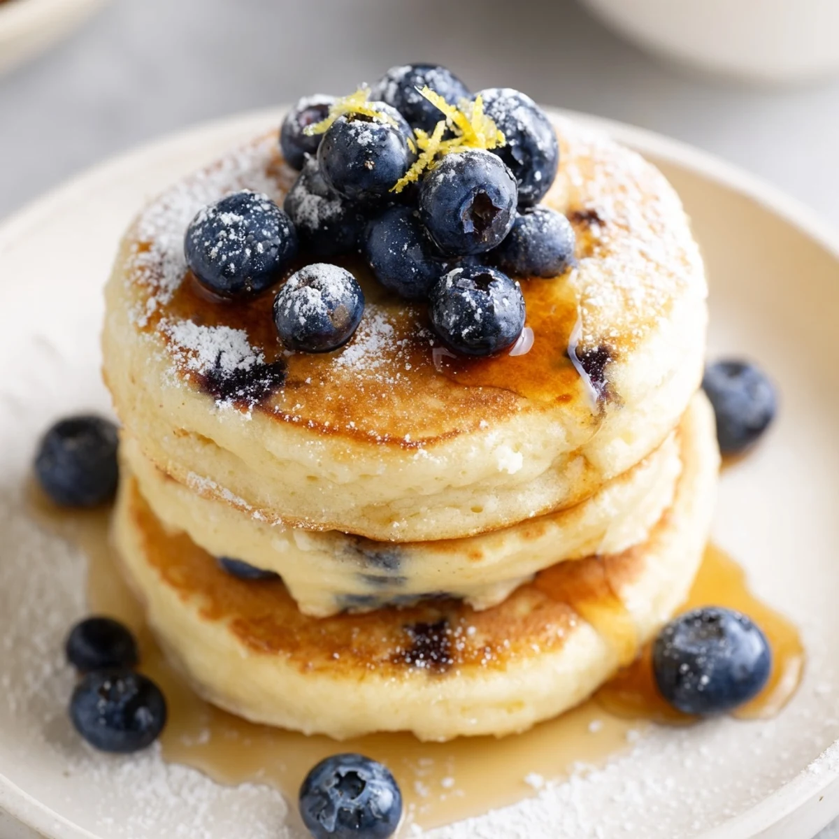 Homemade Lemon Blueberry Ricotta Pancakes on a plate with a dollop of whipped cream.
