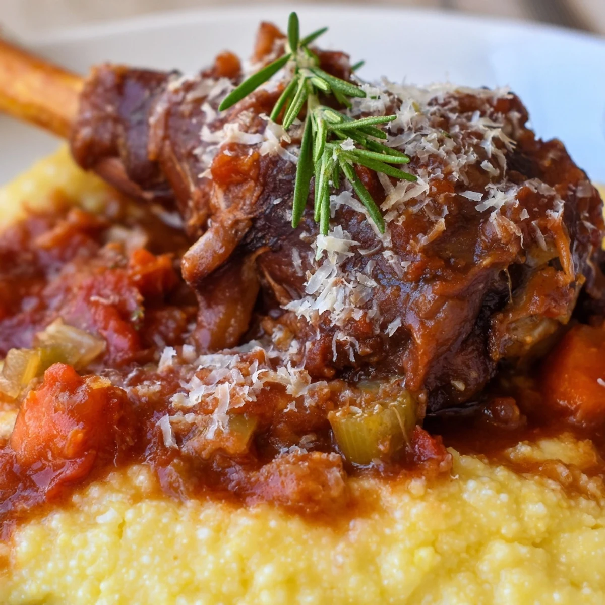 Fork-tender Slow Cooked Lamb Shanks plated over creamy polenta, with a rich red wine sauce and a glass of Chianti.