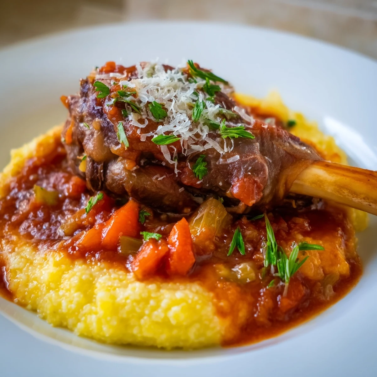 Falling-off-the-bone Slow Cooked Lamb Shanks rest on creamy rosemary polenta, garnished with a fresh herb sprig.