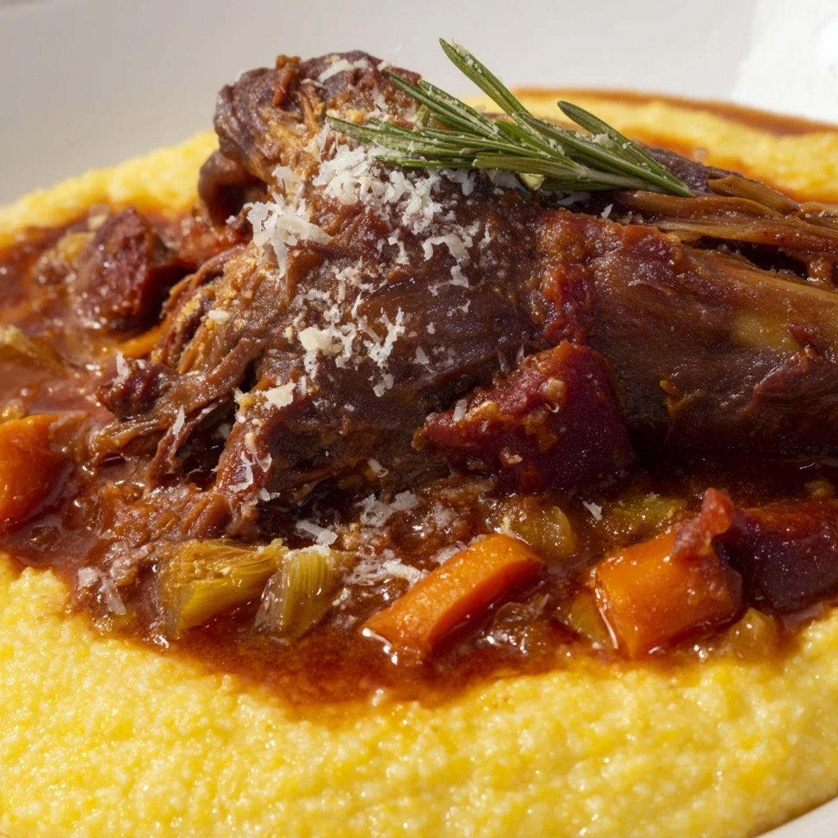 Italian-inspired Slow Cooked Lamb Shanks served on creamy rosemary polenta, garnished with fresh herbs in a rustic Dutch oven.