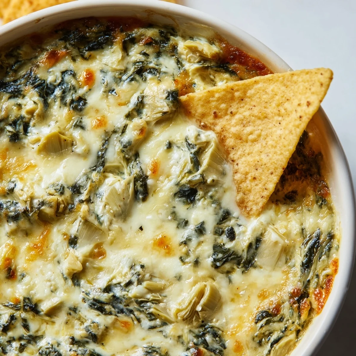 Golden, bubbly Cheesy Spinach Artichoke Dip with Tortilla Chips is served warm in a rustic dish. 