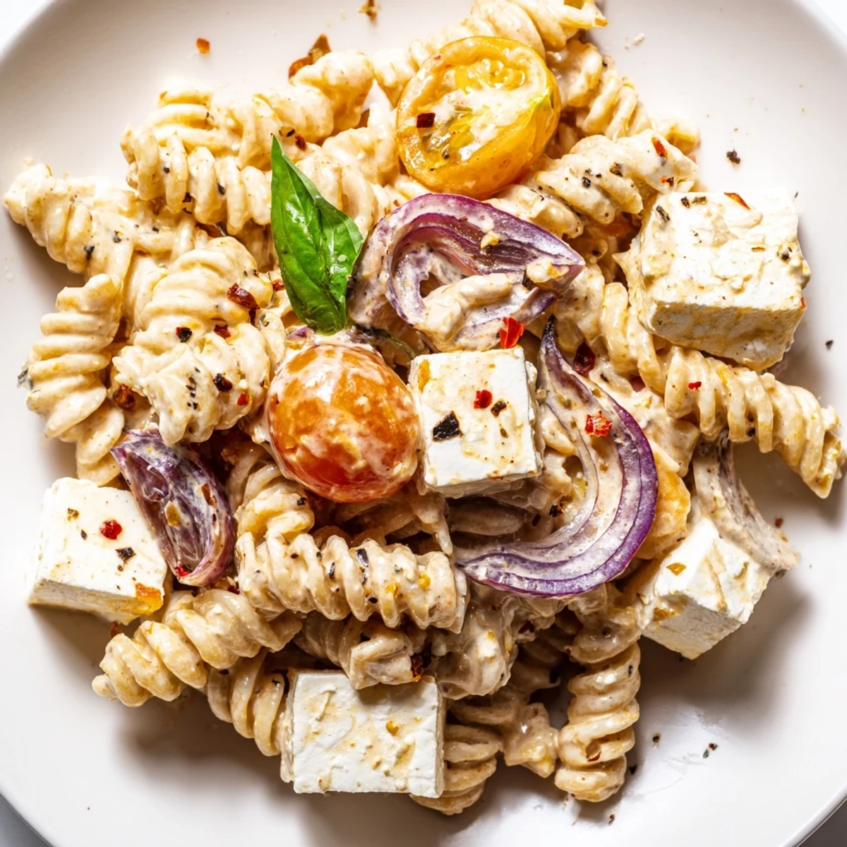 Tangy feta melted into roasted cherry tomatoes, creating a vibrant sauce tossed with pasta and torn basil leaves.