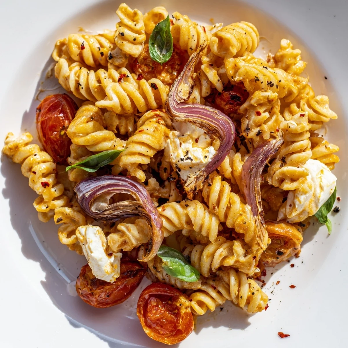 Casserole dish of golden roasted feta, bursting tomatoes, and fresh basil, ready to serve over hot pasta.