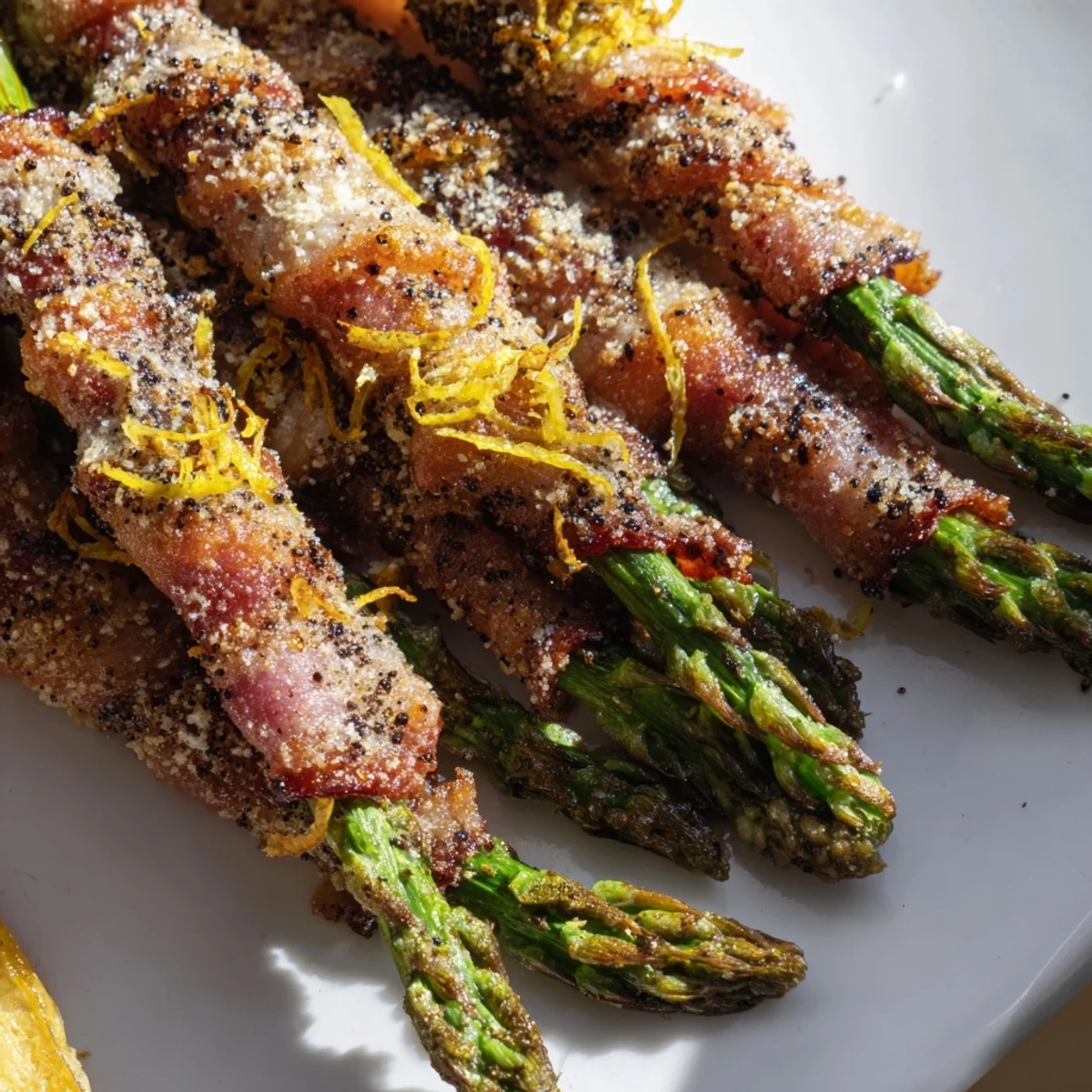 Golden Crispy Beef Bacon Wrapped Asparagus Bundles roasted on a baking sheet with optional Parmesan and lemon zest garnish.