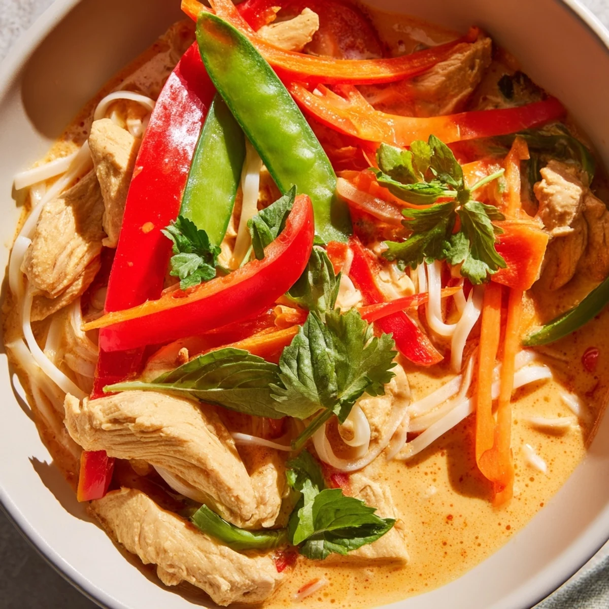 Creamy Thai Red Curry Noodle Soup with Chicken steams beside lime wedges and fresh basil.