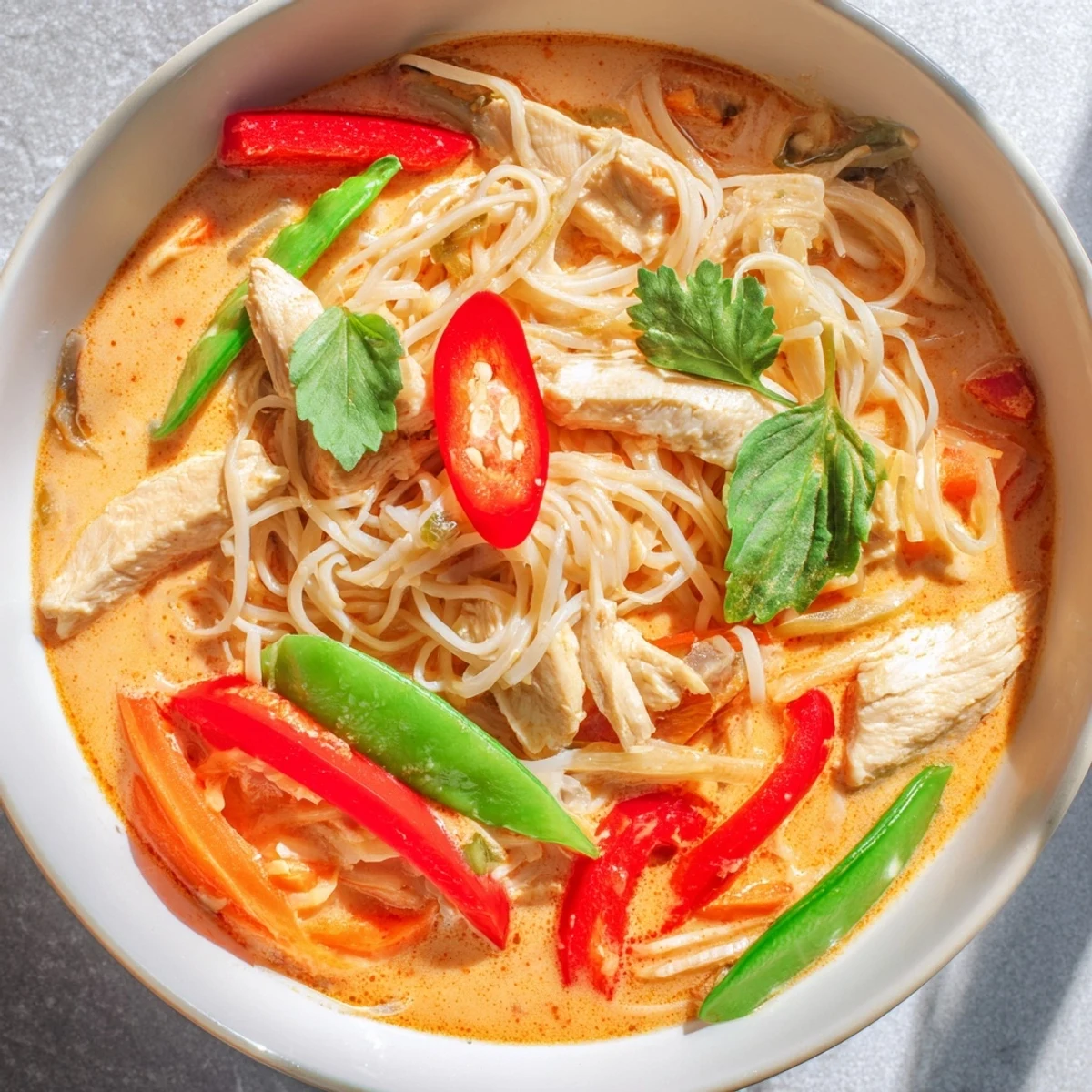 Thai Red Curry Noodle Soup with Chicken served in bowls garnished with cilantro and chili.
