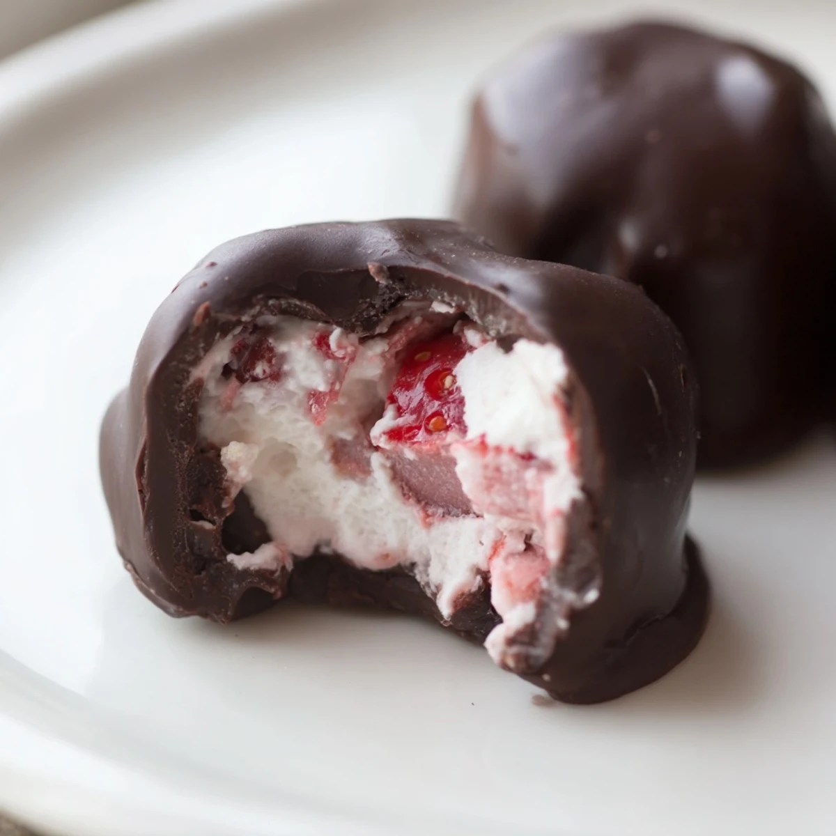 Chocolate Covered Strawberry Yogurt Clusters sit on a marble board, drizzled in dark chocolate with visible strawberry chunks.