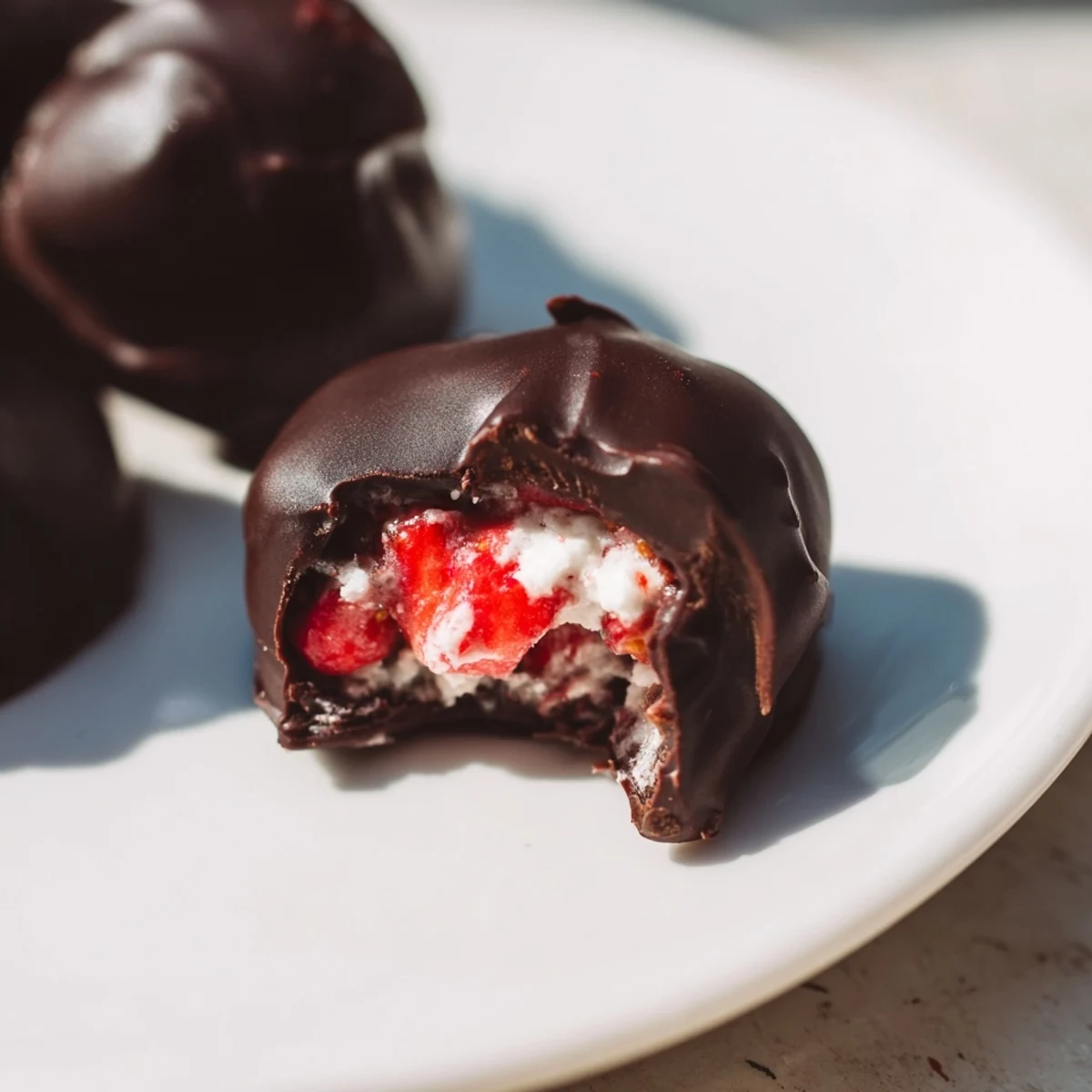 Twelve frozen Greek yogurt bites coated in glossy chocolate, ready to serve from a parchment-lined baking sheet.