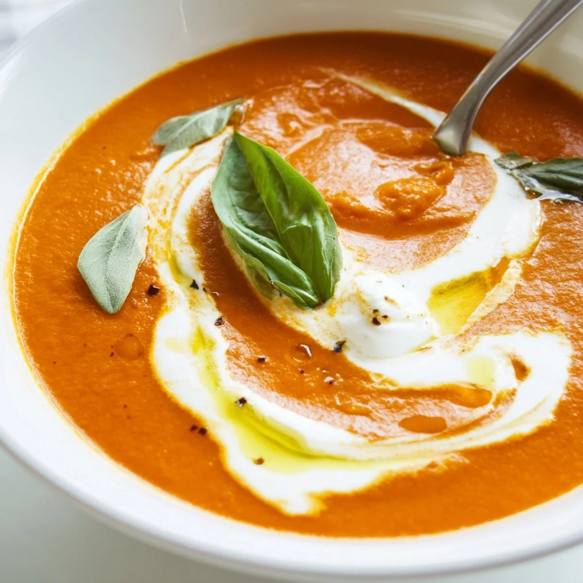 A close-up of smoky roasted tomato and basil soup showing its velvety texture, vibrant red color, and fresh basil garnish on a cozy table setting.