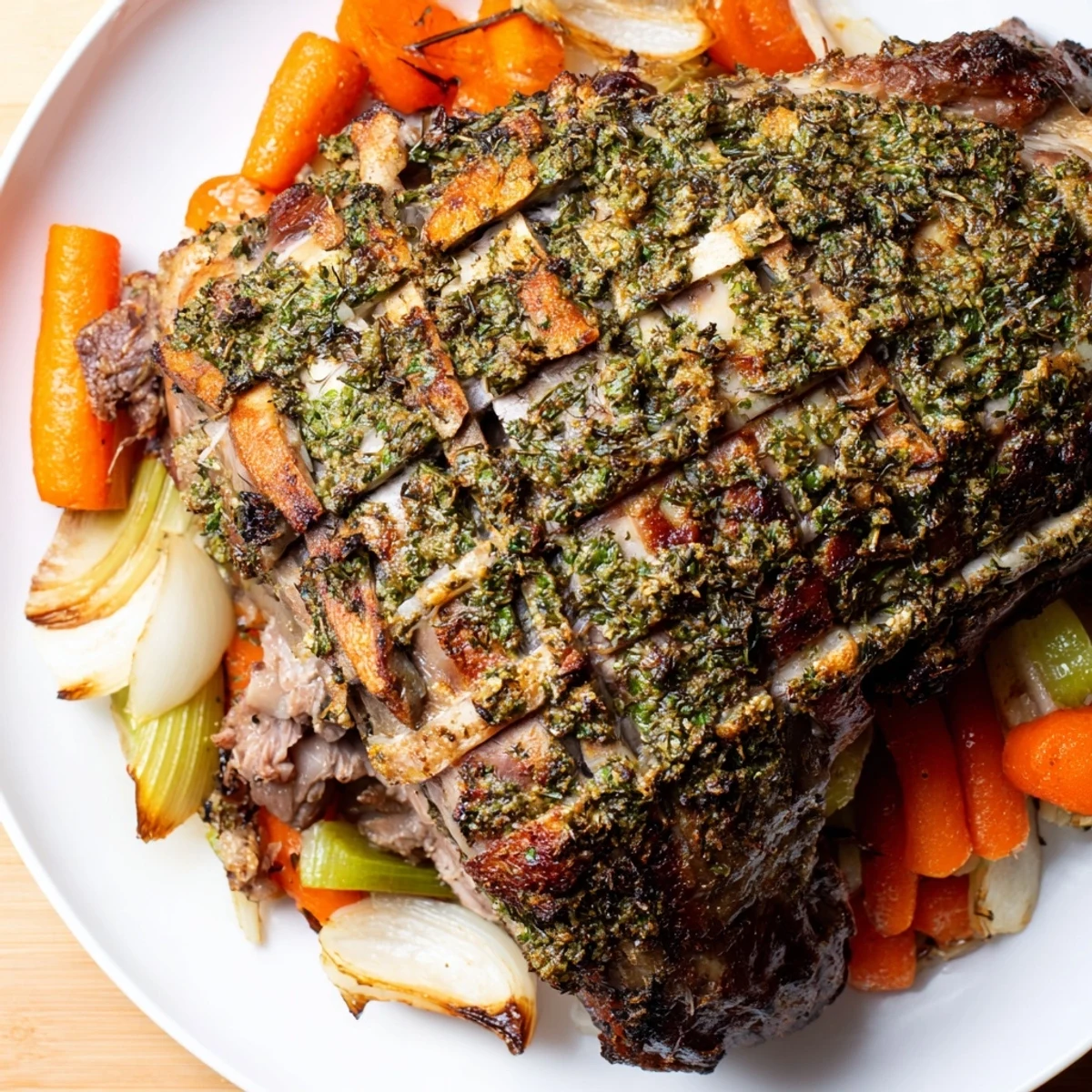 Golden-brown Garlic Herb Roasted Lamb Shoulder with rosemary sprigs and lemon wedges on a platter, surrounded by roasted carrots and onions.
