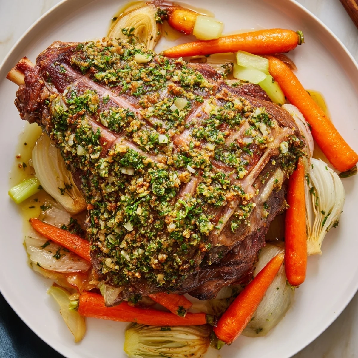 A tender, shredded slice of Garlic Herb Roasted Lamb Shoulder on a plate with roasted vegetables and fresh rosemary garnish.