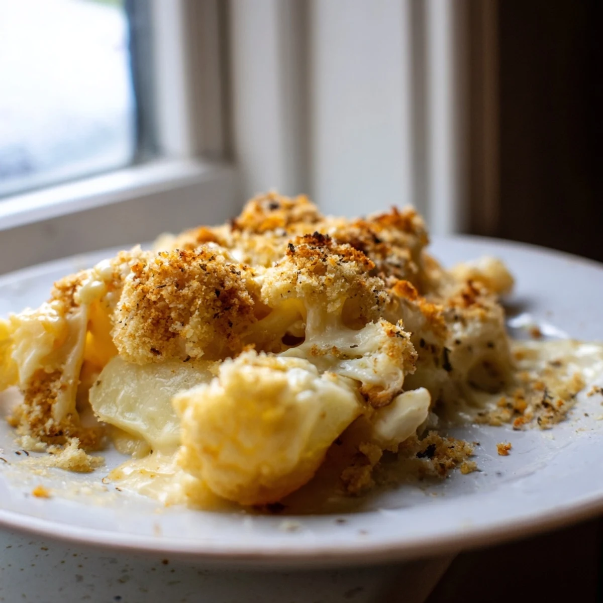 Golden-brown Cheesy Cauliflower and Potato Gratin fresh from the oven, served in a rustic white dish with bubbly Gruyère and Parmesan topping.