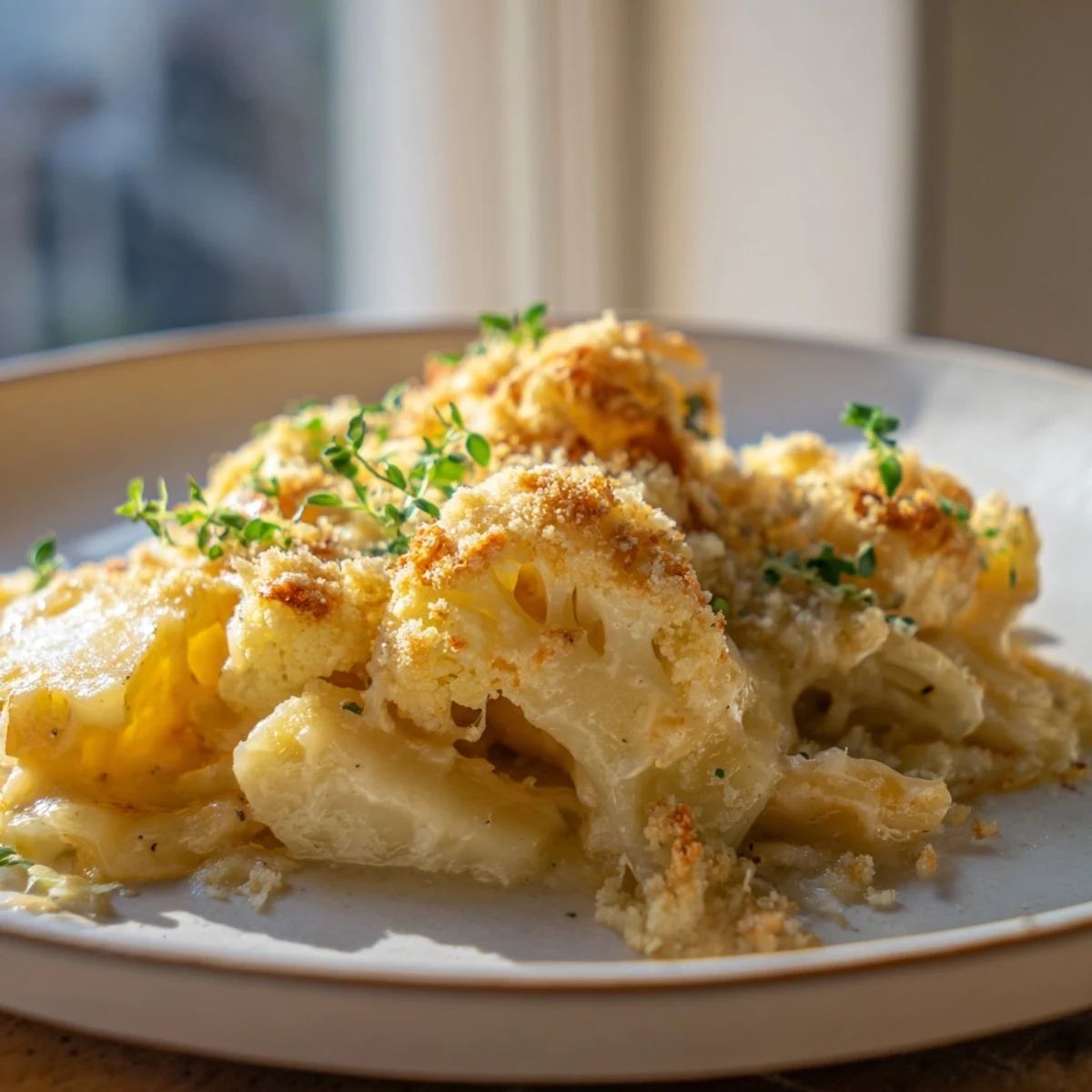 A spoon lifts a creamy serving of Cheesy Cauliflower and Potato Gratin, revealing layers of tender Yukon Gold potatoes and cauliflower florets.