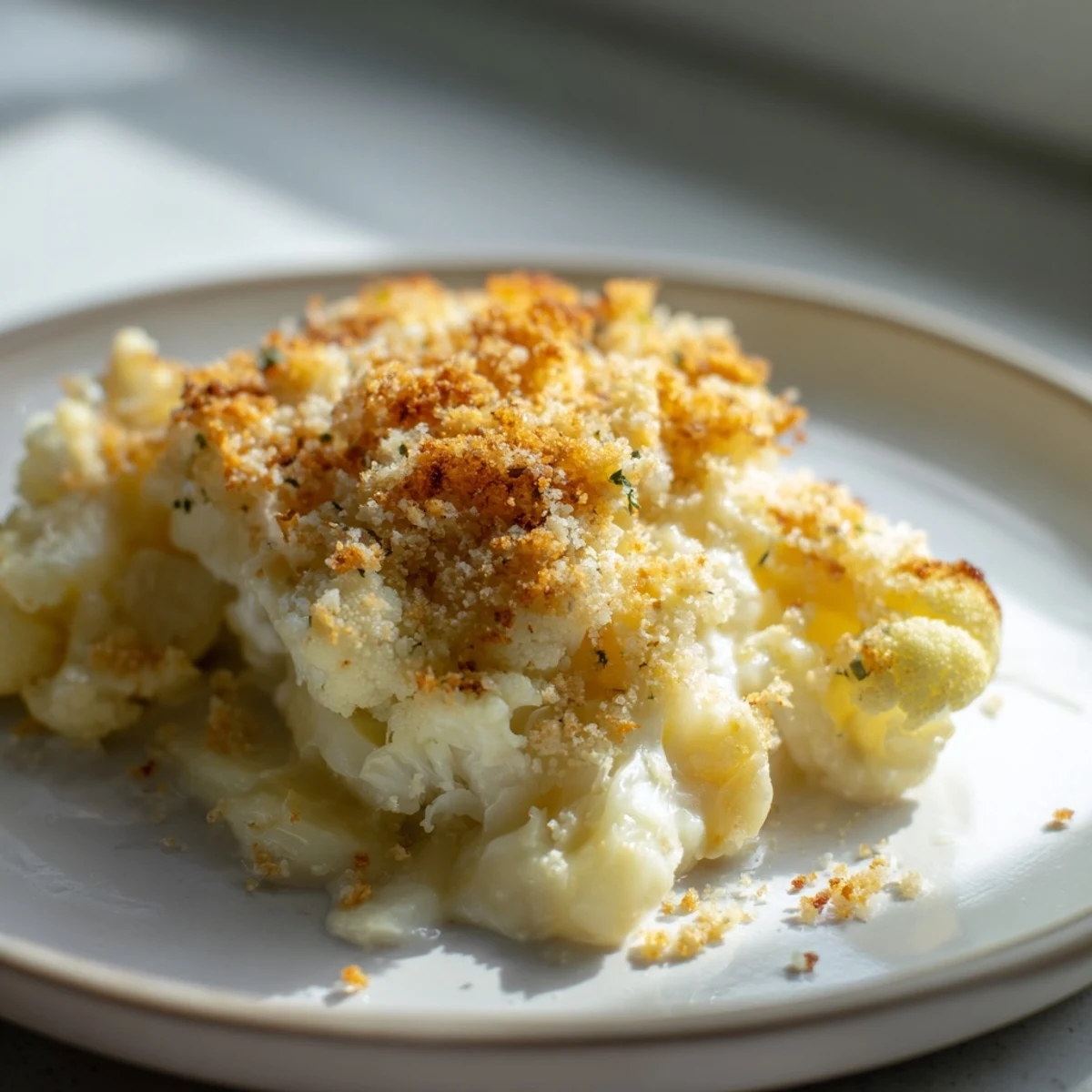 Close-up of Cheesy Cauliflower and Potato Gratin showing a rich, velvety cheese sauce and golden, crispy breadcrumbs baked on top.
