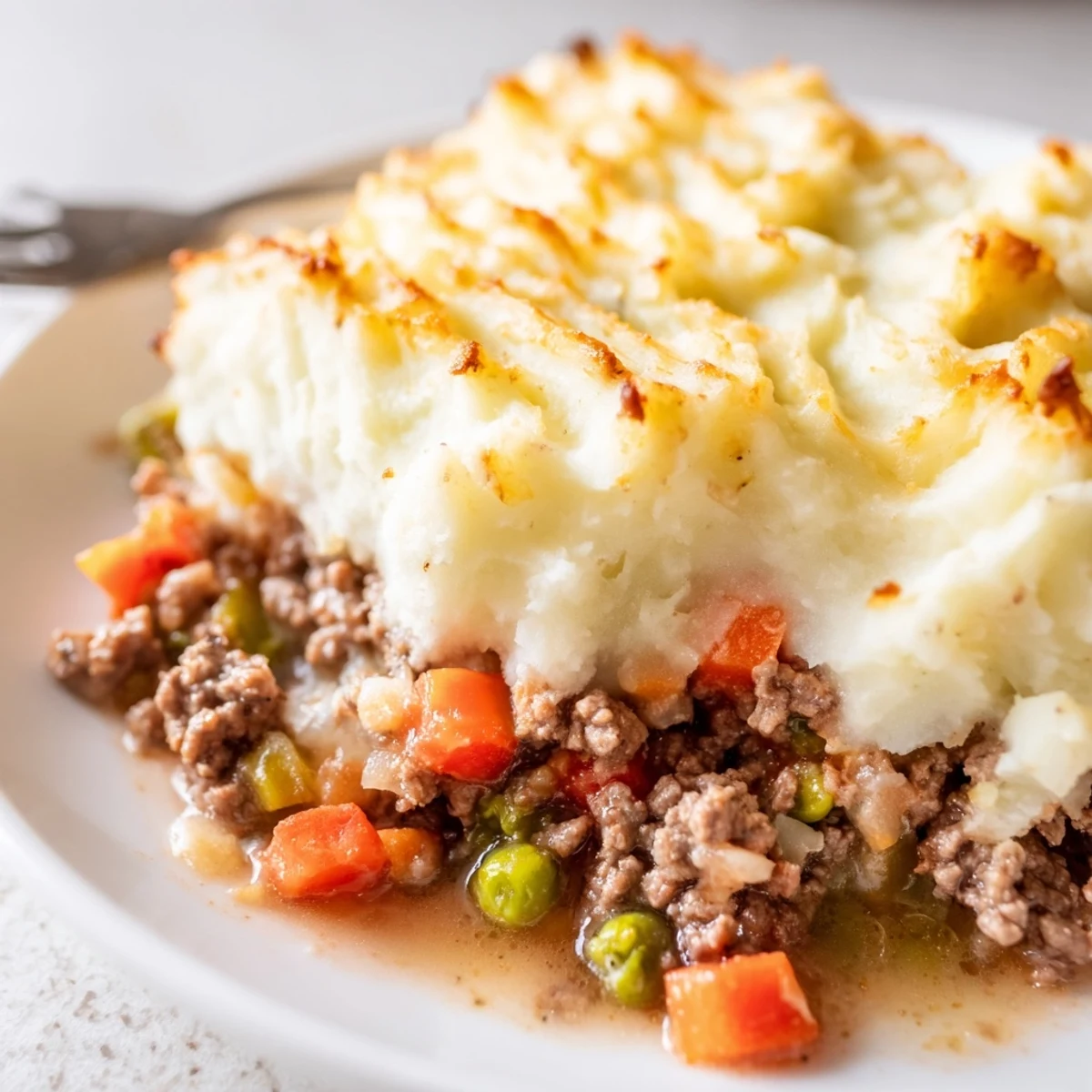 Golden-brown Classic Beef Cottage Pie with fluffy mashed potatoes bubbling over savory beef and vegetable filling.