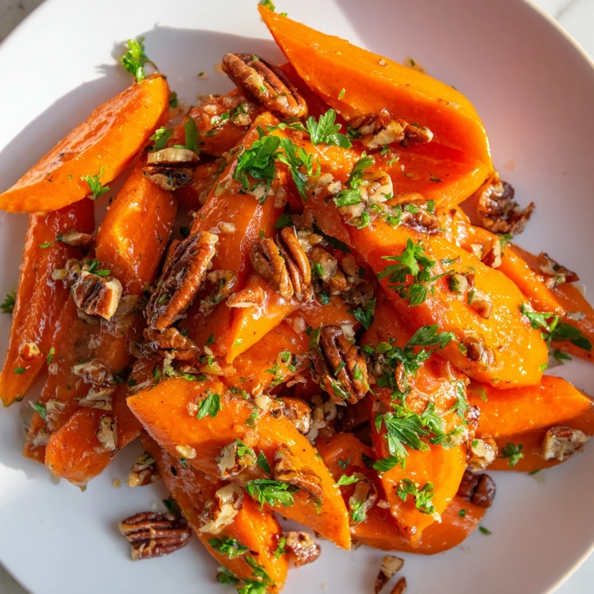 Tender sliced carrots tossed in a glossy maple glaze and topped with crunchy toasted pecans for a sweet side dish.