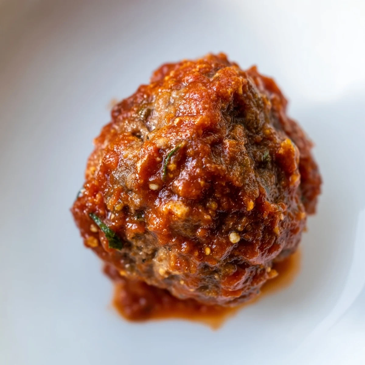 Perfectly browned Spicy Lamb Merguez Meatballs nestled in a vibrant, chunky tomato sauce garnished with fresh cilantro.