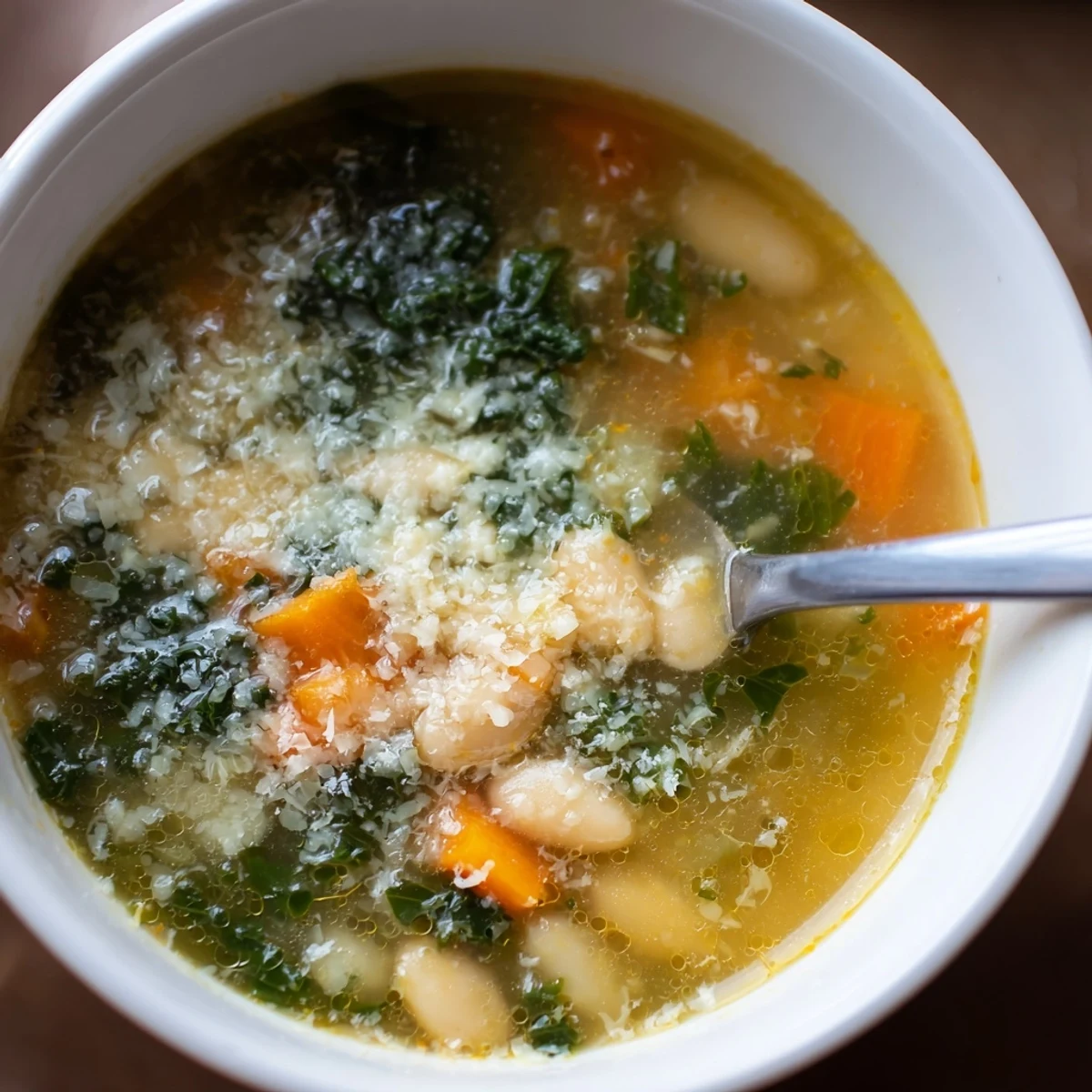 Creamy White Bean and Kale Tuscany Soup steaming in a rustic bowl, featuring tender kale leaves and a spoonful of silky broth.