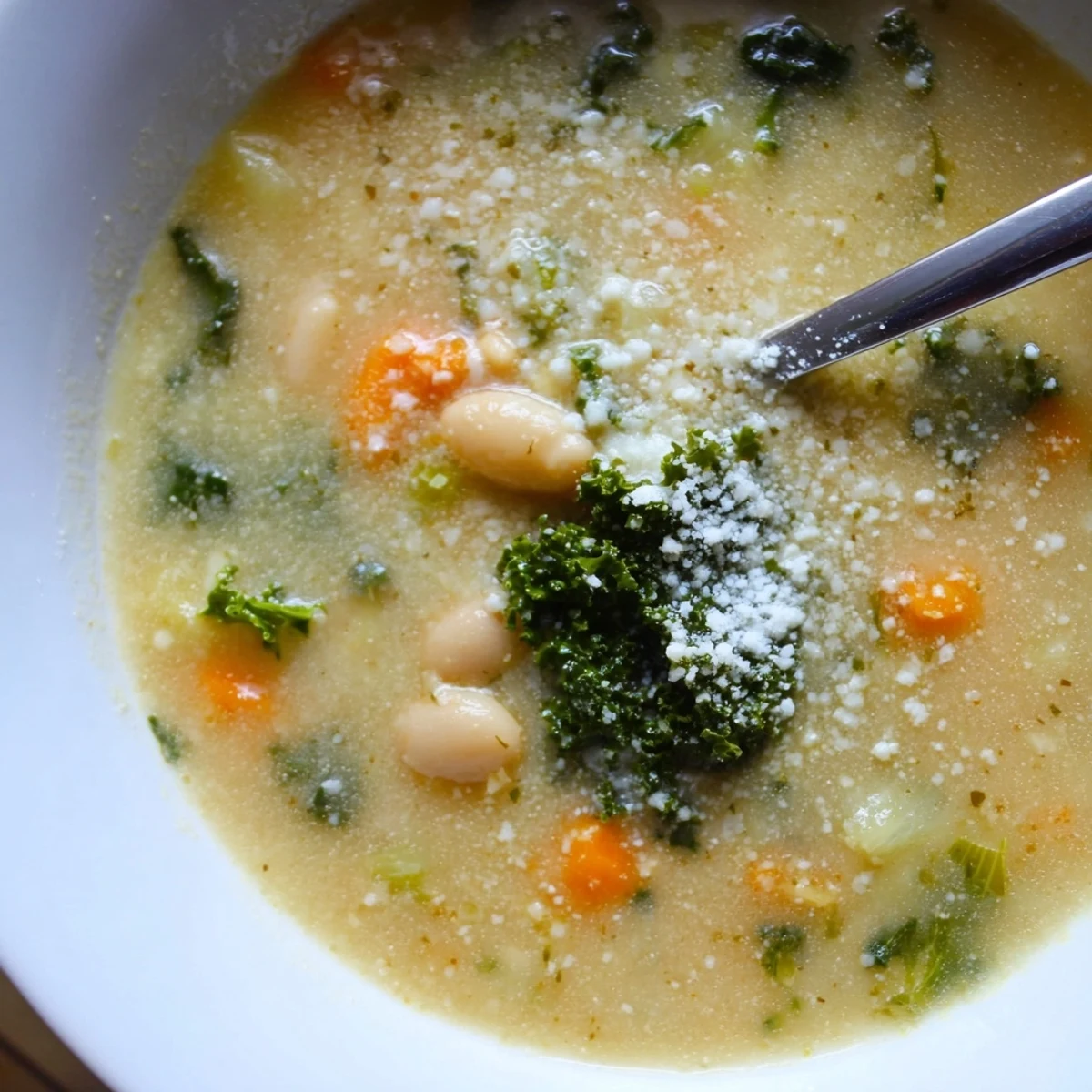 Rustic ladle serving Creamy White Bean and Kale Tuscany Soup beside fresh bread, highlighting creamy white beans and green kale.