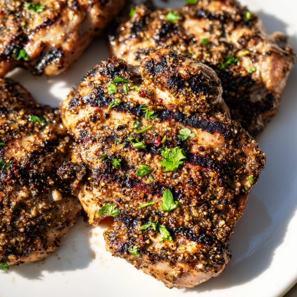 Golden-brown Grilled Chicken Thighs with Zaatar and Sumac on a platter with fresh parsley and lemon wedges.