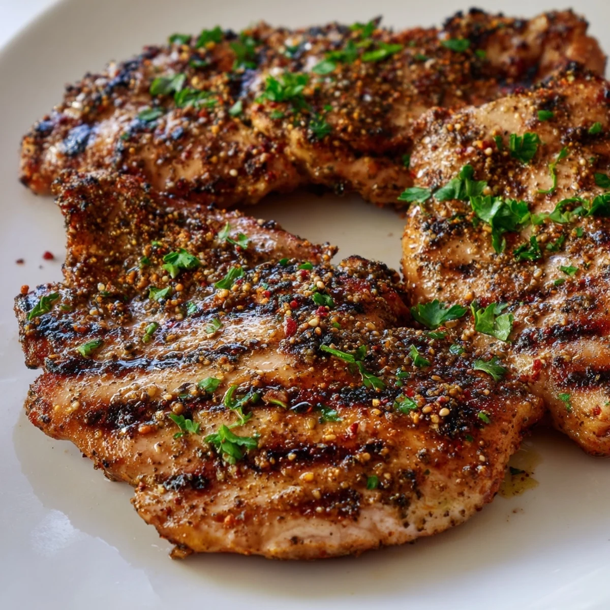 Colorful plated serving of Grilled Chicken Thighs with Zaatar and Sumac alongside Mediterranean salad and rice pilaf.