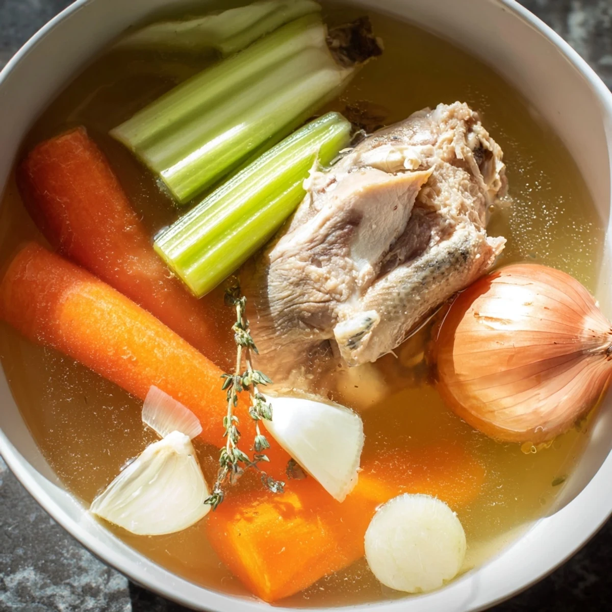 Homemade chicken bone broth with ginger features golden liquid and fresh ginger slices ready to serve.