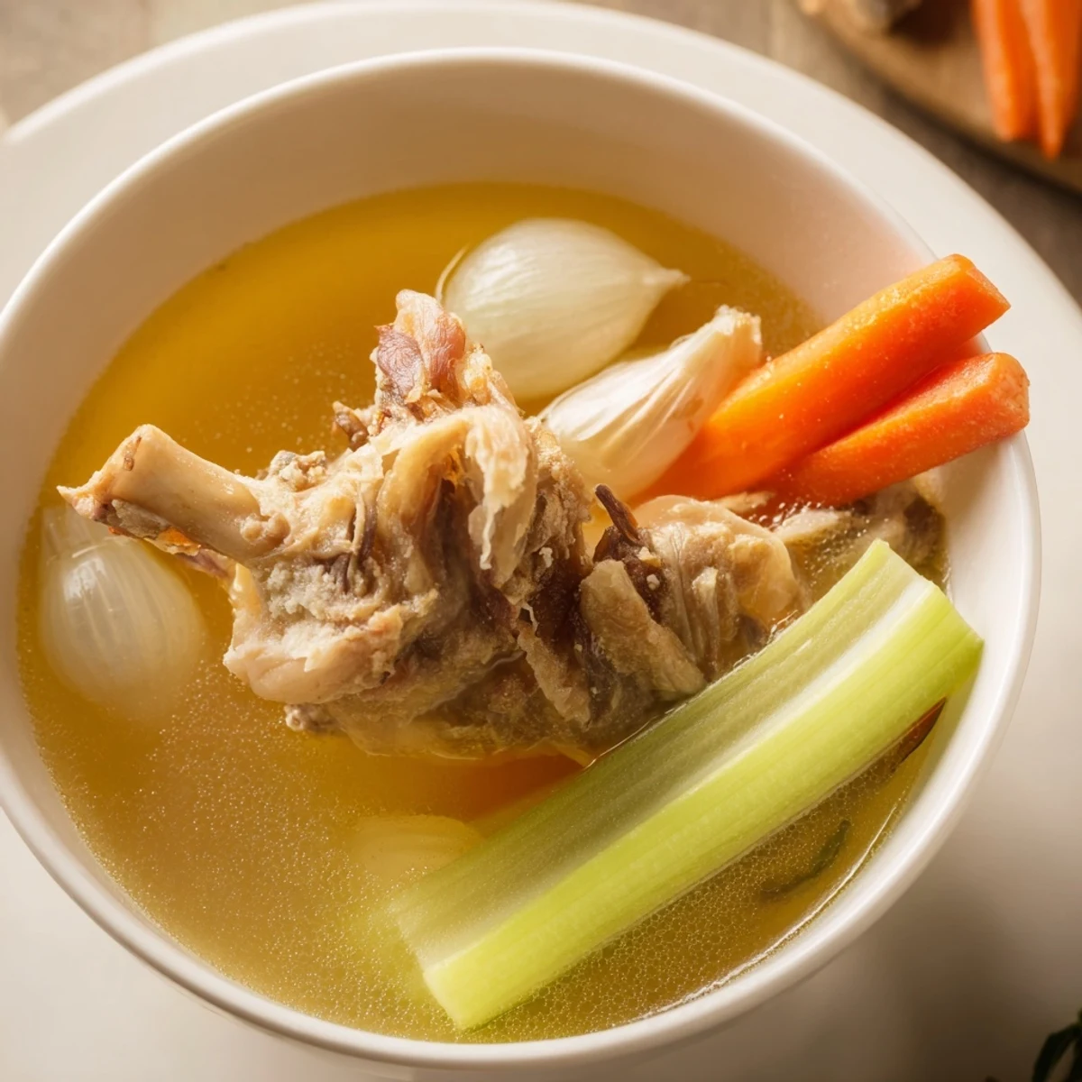 Steaming homemade chicken bone broth with ginger is simmering in a pot with sliced carrots and celery.