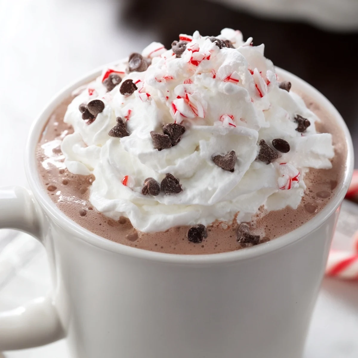 A festive holiday drink recipe crowned with crushed candy canes on whipped cream.